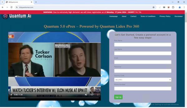 Bitquantumai[.]com, un sitio web que utiliza un video deepfake de Elon Musk y Tucker Carlson para promover la estafa de inteligencia artificial cuántica.