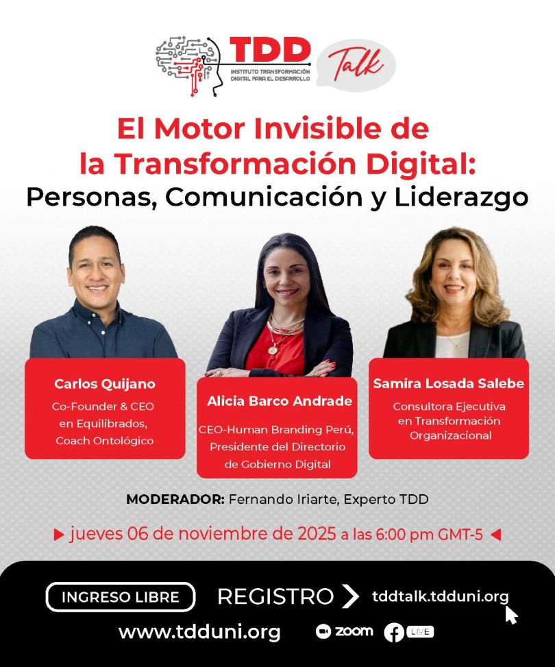 Afiche TDD TALK: “El Motor Invisible de la Transformación Digital: Personas, Comunicación y Liderazgo”.